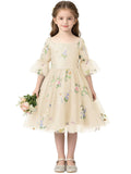 Floral Embroidery Flower Girl Dress Puff Sleeve Birthday Party Gown Girls Tulle A-Line Short Wedding Guests Dresses