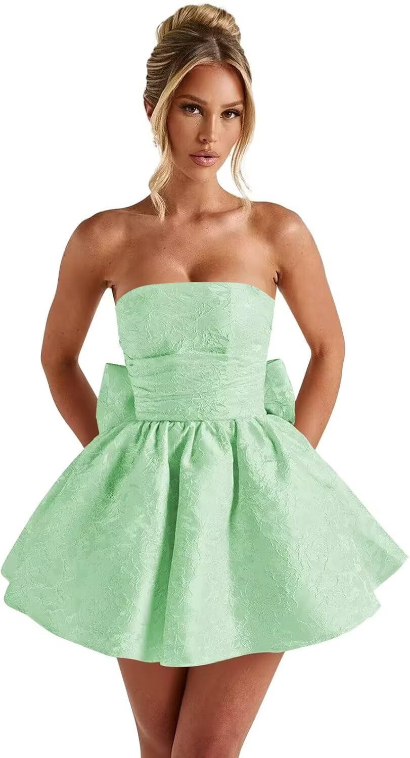 Strapless Satin Homecoming Dresses for Teens 2027 Jacquard A-line Short Prom Cocktail Gowns with Bow