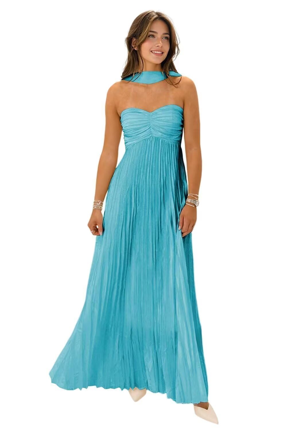 Women's Strapless Chiffon Bridesmaid Dresses with Scarf Long A-Line Pleated Formal Evening Dress