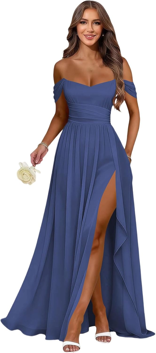 Women's Long Chiffon Bridesmaid Dresses with Slit Off Shoulder A-Line Formal Prom Evening Gown Maxi Wedding Guest Dress
