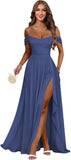 Women's Long Chiffon Bridesmaid Dresses with Slit Off Shoulder A-Line Formal Prom Evening Gown Maxi Wedding Guest Dress