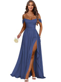 Women's Long Chiffon Bridesmaid Dresses with Slit Off Shoulder A-Line Formal Prom Evening Gown Maxi Wedding Guest Dress