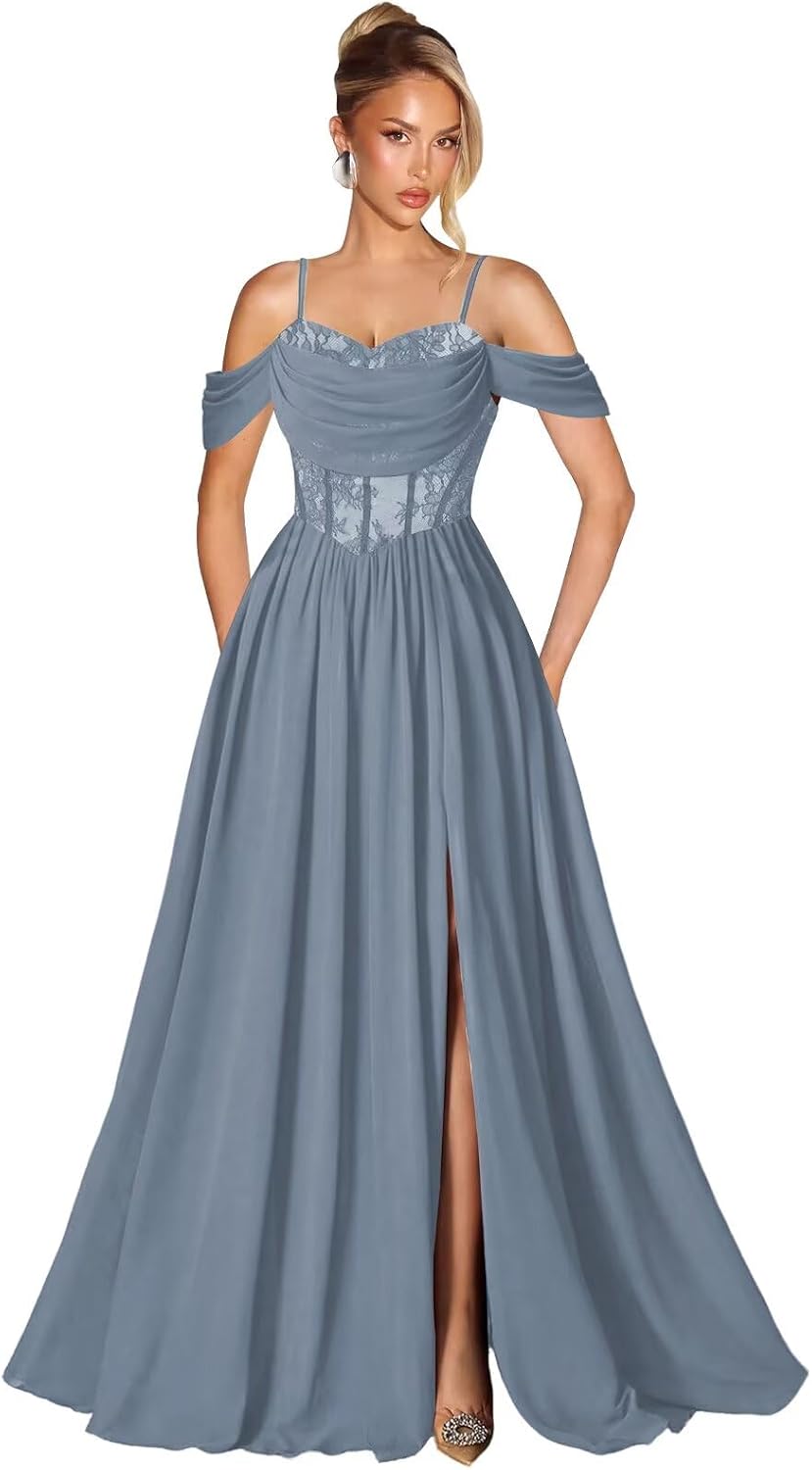 Off Shoulder Lace Applique Prom Dress with Slit A Line Ball Gown Pleated Corset Long Formal Evening Dresses