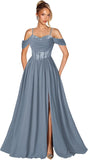 Off Shoulder Lace Applique Prom Dress with Slit A Line Ball Gown Pleated Corset Long Formal Evening Dresses