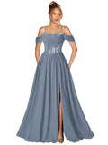 Off Shoulder Lace Applique Prom Dress with Slit A Line Ball Gown Pleated Corset Long Formal Evening Dresses