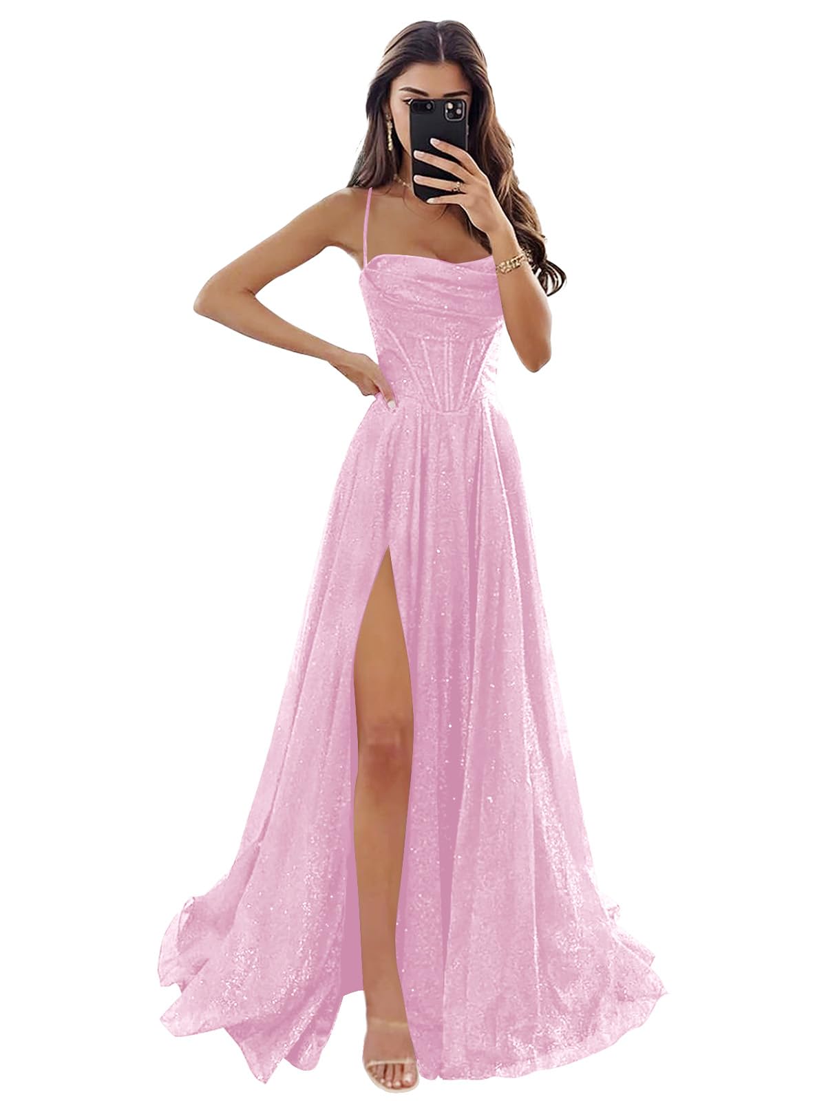 Women's Spaghetti Straps Glitter Tulle Prom Dress with Slit Cowl Neck Long Evening Formal Party Gown