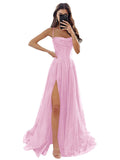 Women's Spaghetti Straps Glitter Tulle Prom Dress with Slit Cowl Neck Long Evening Formal Party Gown