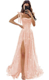 Tulle Prom Dresses with Slit Spaghetti Straps A Line Maxi Long Formal Dress