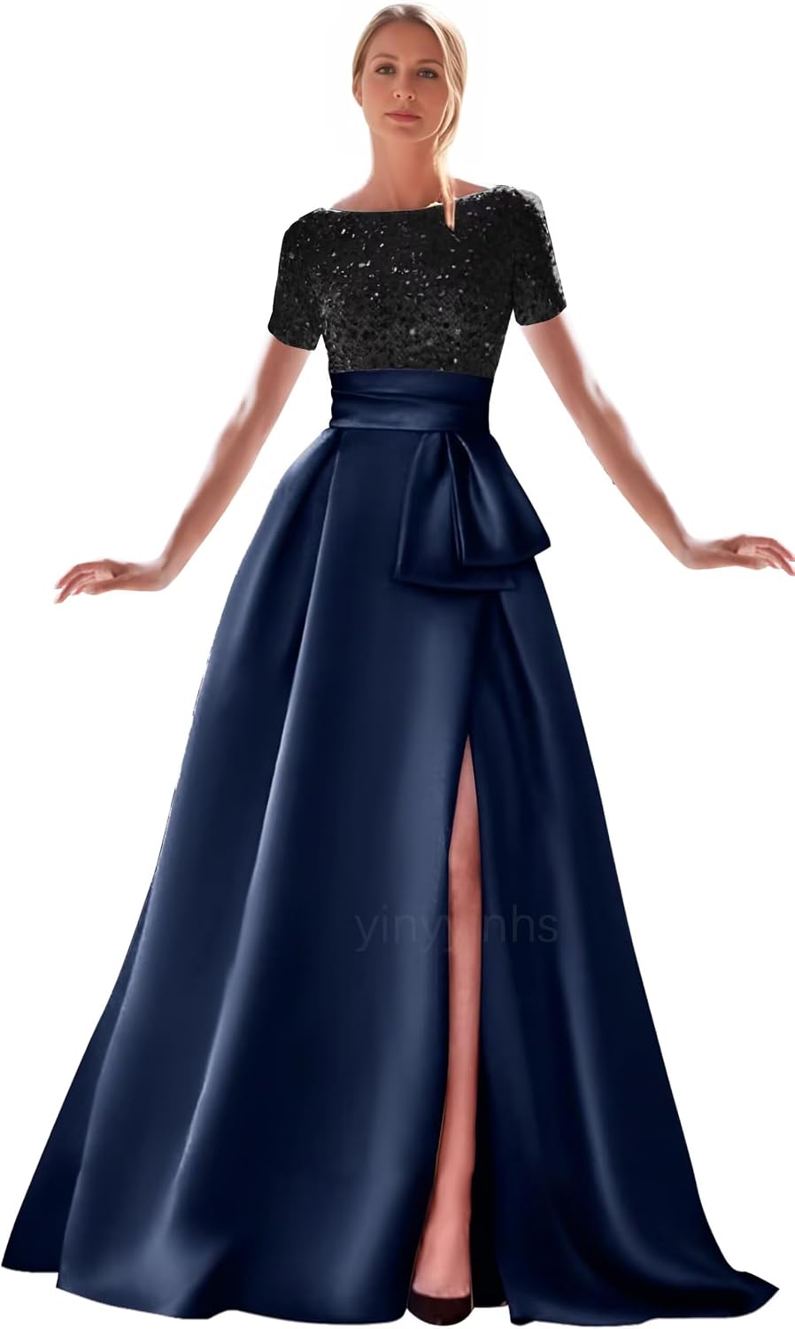 Kingbridal Gowns Short Sleeve Sequin Prom Dresses for Women 2026 Satin A-Line Sparkly Formal Evening Party Ball Gowns with Slit