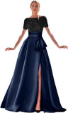 Kingbridal Gowns Short Sleeve Sequin Prom Dresses for Women 2026 Satin A-Line Sparkly Formal Evening Party Ball Gowns with Slit