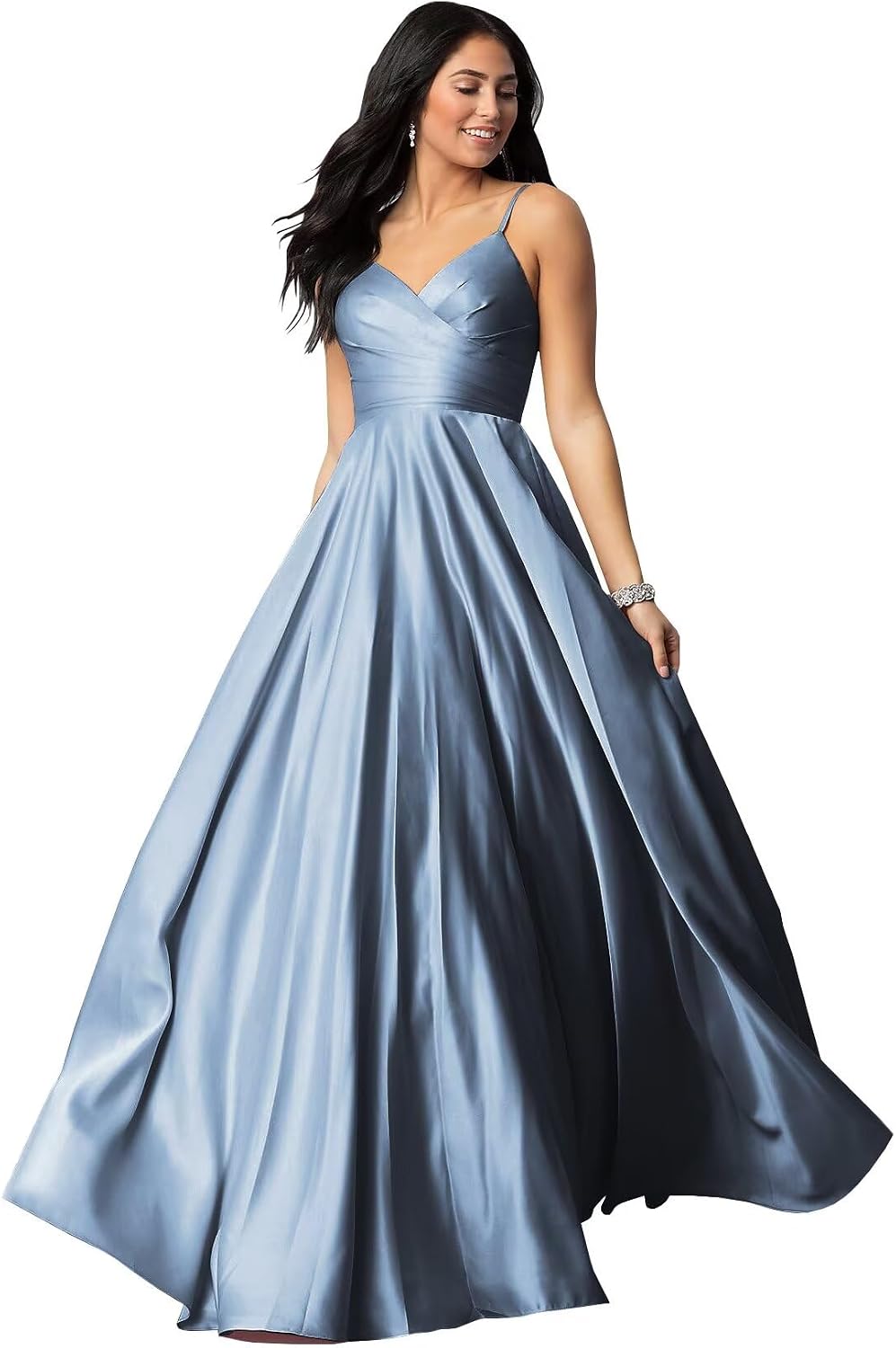 Spaghetti Straps Satin Prom Dresses for Women Long with Pockets Pleated Formal Evening Gowns