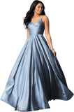 Spaghetti Straps Satin Prom Dresses for Women Long with Pockets Pleated Formal Evening Gowns Ball Gown