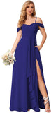 Damen Schulterfreies Brautjungfernkleid Lang mit Schlitz Chiffon Rüschen Falten Formales Partykleid 