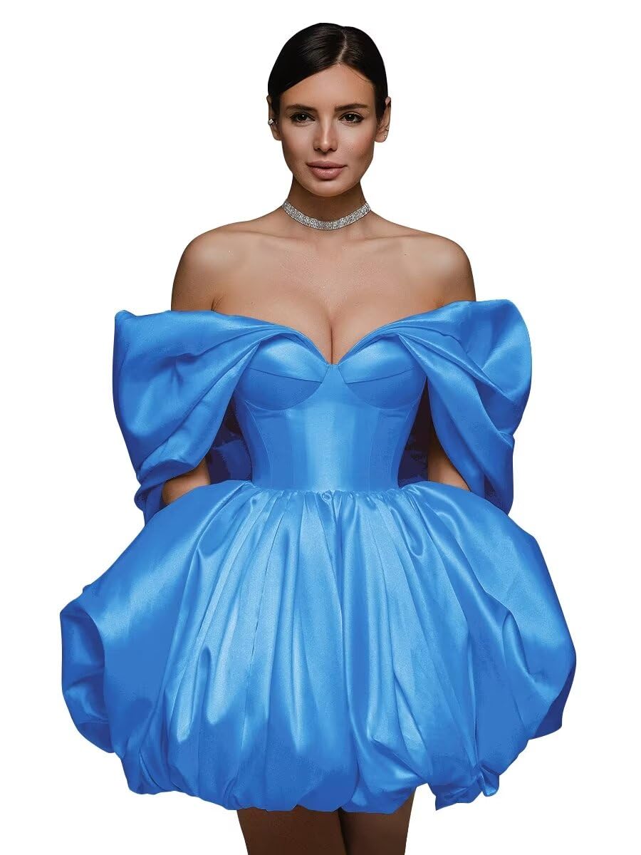 Off The Shoulder Short Wedding Dresses for Bride Puffy Satin Bridal Dresses w/Pockets Strapless Formal Ball Gowns