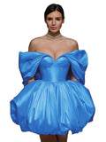 Off The Shoulder Short Wedding Dresses for Bride Puffy Satin Bridal Dresses w/Pockets Strapless Formal Ball Gowns
