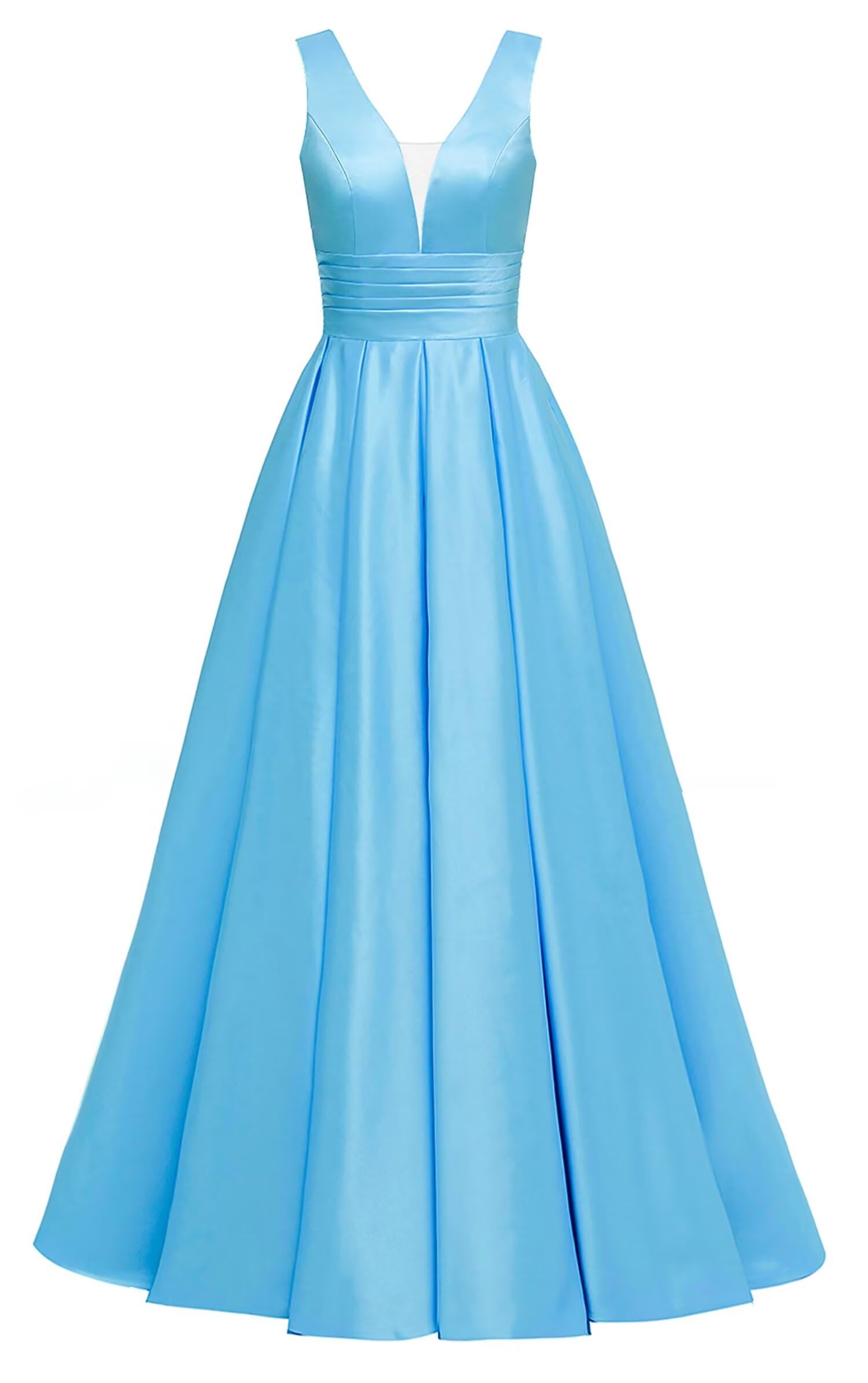 Glitter Satin Prom Dresses for Women Long V Neck A-Line Pleated Formal Evening Party Gowns with Pockets