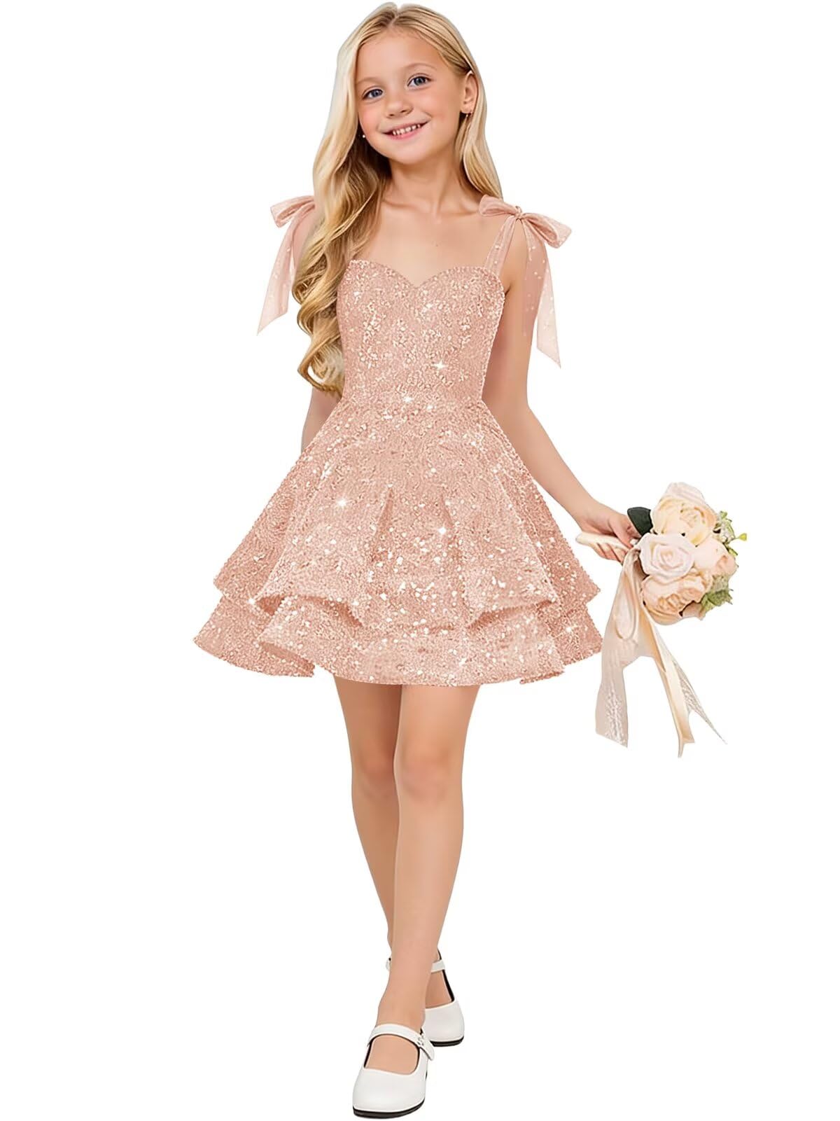 Sparkly Sequin Flower Girl Dress Tiered Cute Bow Spaghetti Straps Sweetheart Toddler Formal Dresses 2026