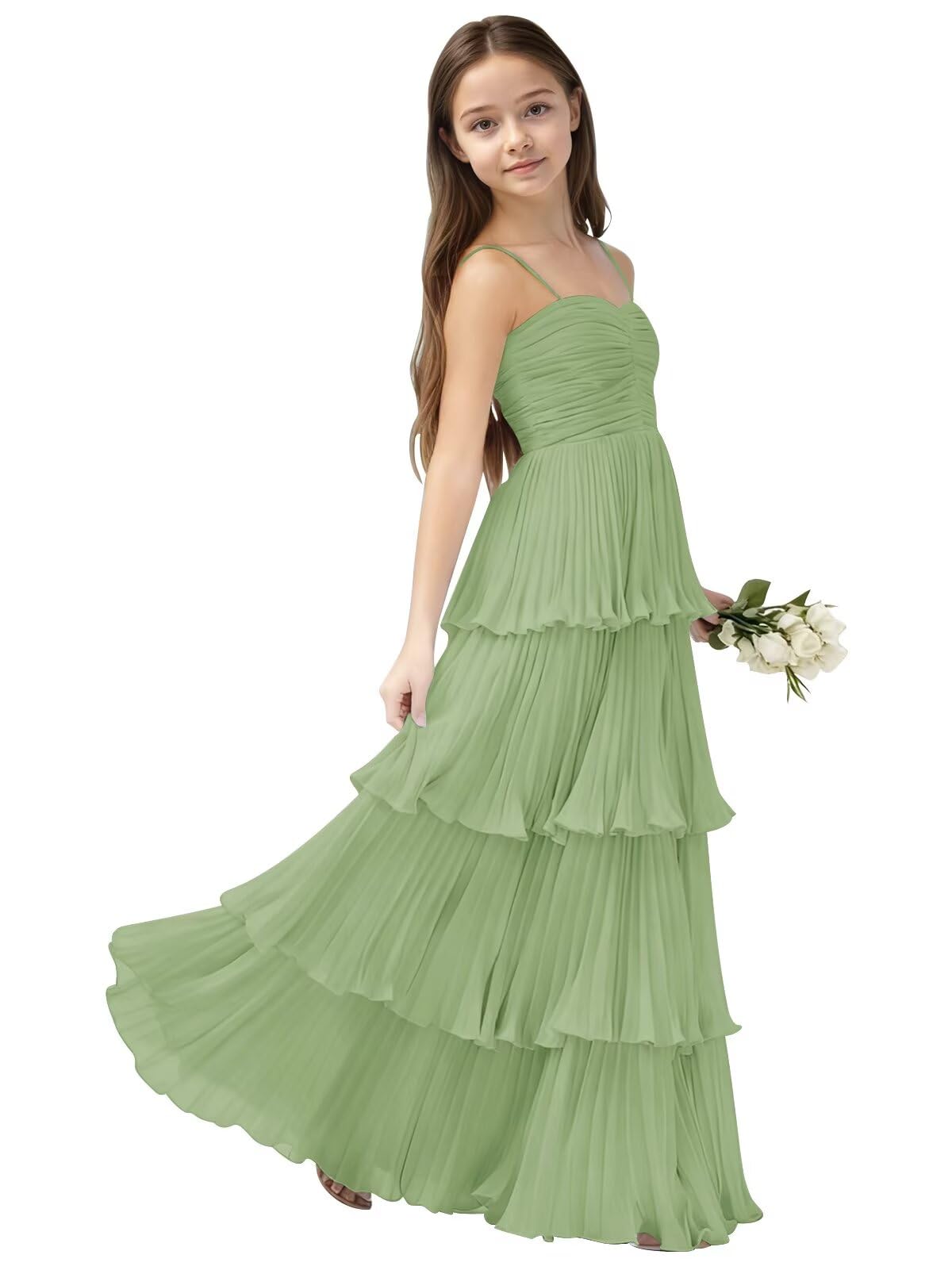Chiffon Pleated Junior Bridesmaid Dress Princess Birthday Tiered Ruffle Prom Gown Wedding Long Flower Girl Dress