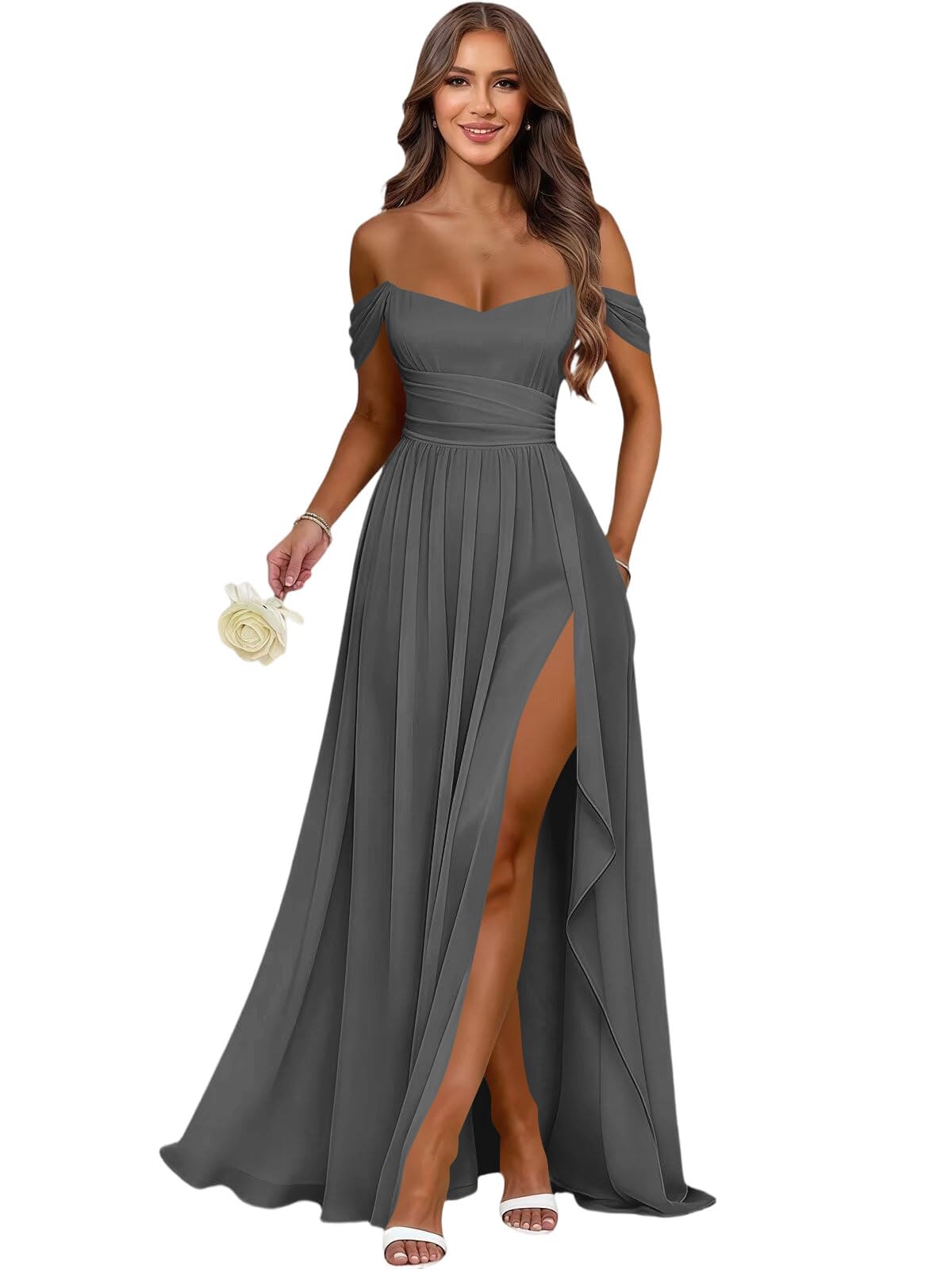 Women's Long Chiffon Bridesmaid Dresses with Slit Off Shoulder A-Line Formal Prom Evening Gown Maxi Wedding Guest Dress