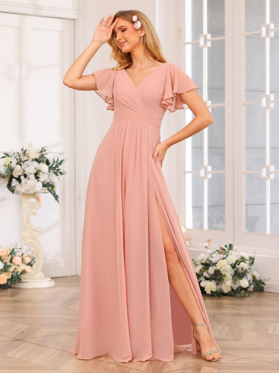 V Neck Bridesmaid Dresses for Women with Slit 2025 Flutter Sleeve Chiffon Pleats Formal Dress with Pockets