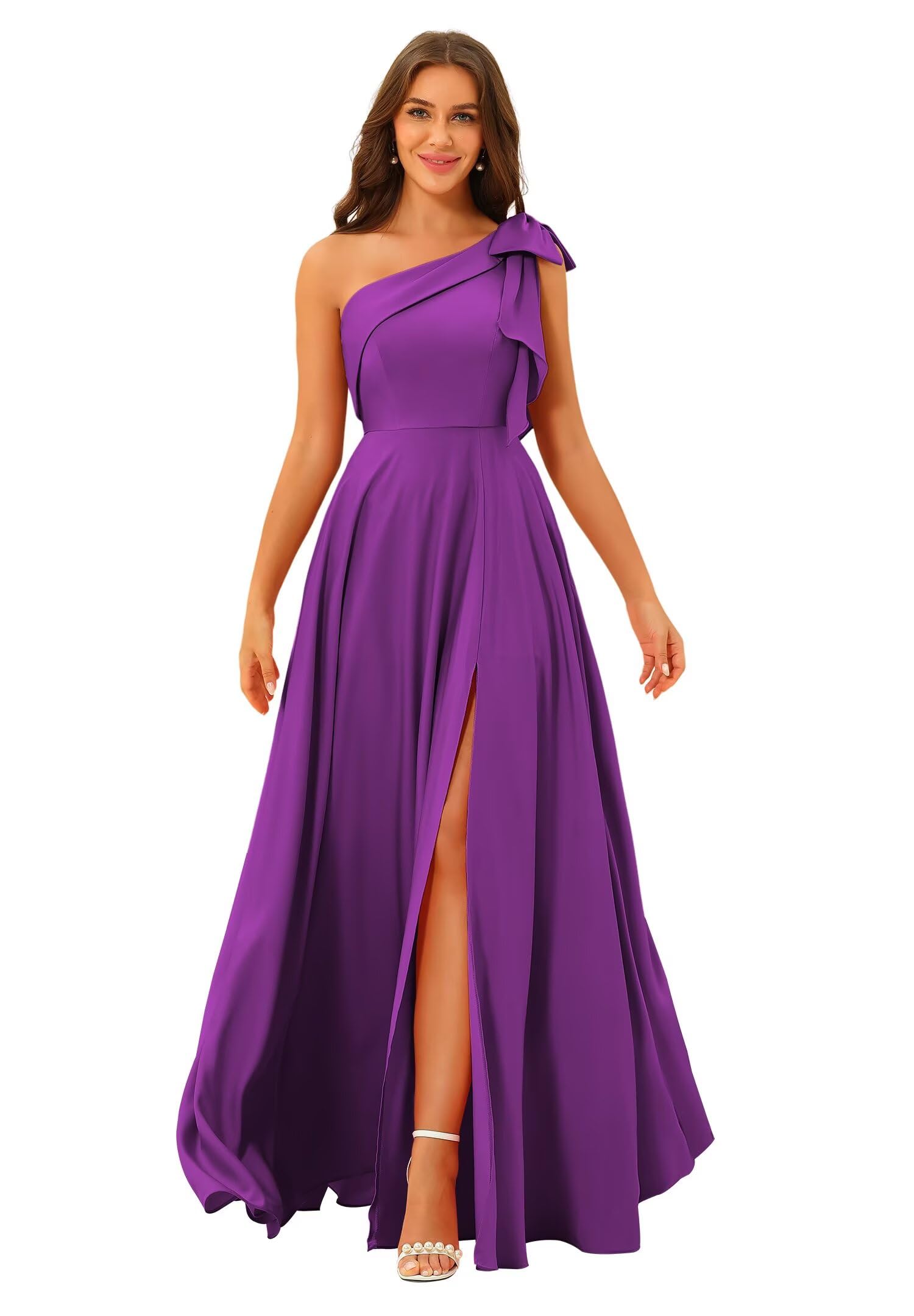 One Shoulder Bridesmaid Dresses Long for Women Satin Formal Gown Wedding Guest Dress