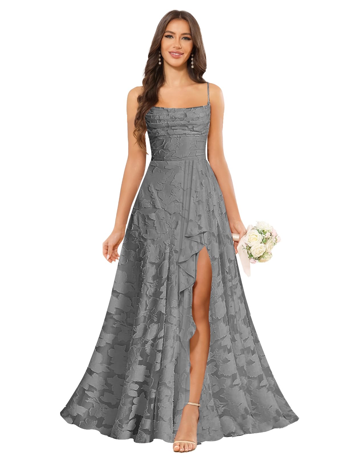 Women’s Ruffled Bridesmaid Dresses Scoop Neck Floral Chiffon Formal Dress Wrap Pleated Wedding Guest Dress