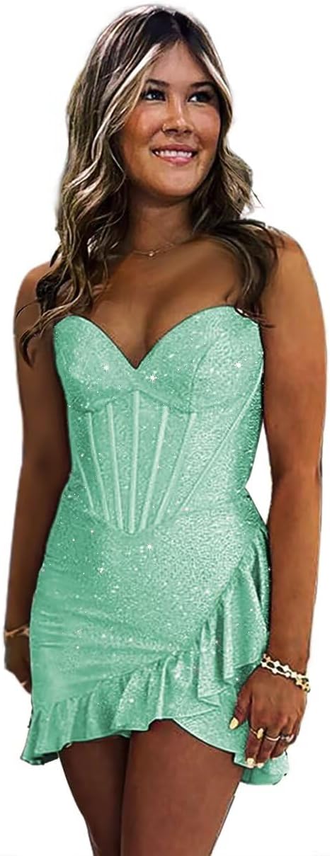 Sequin Homecoming Dresses 2027 Strapless Corset Ruffle Mermaid Short Prom Cocktail Dress