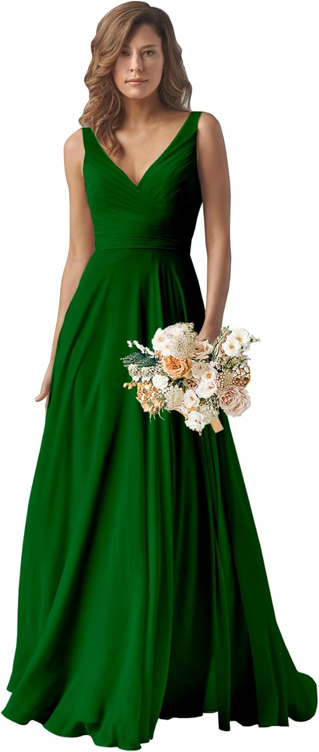 Chiffon Bridesmaid Dresses Long for Women A Line Ruched Formal Porm Evening Gowns