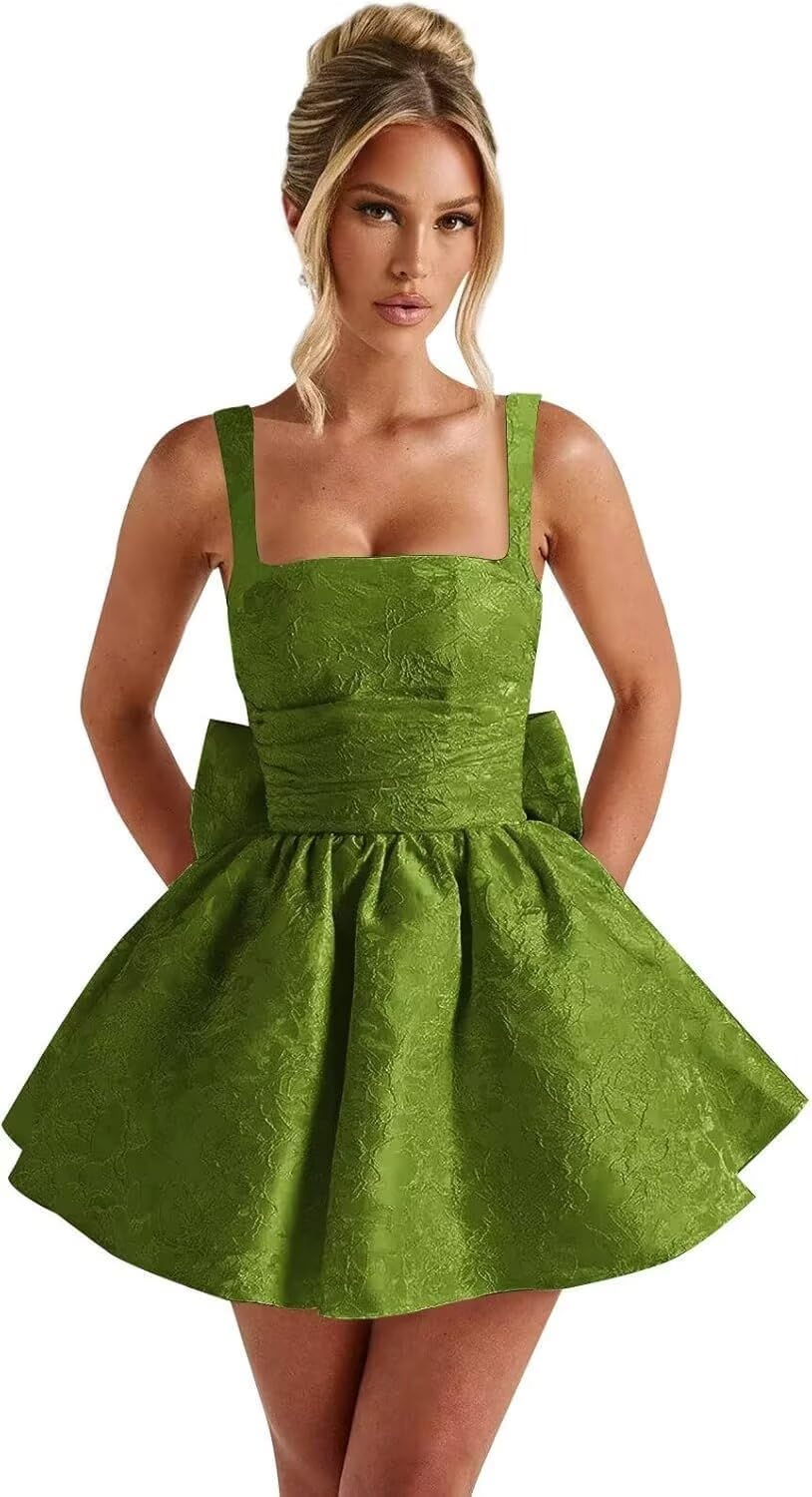 Jacquard Satin Homecoming Dresses for Teens Spaghetti Straps Short Prom Dress A-line Cocktail Party Gowns with Bow