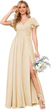Flutter Sleeves Split Bridesmaid Dresses with Slit Long V Neck Empire Waist Formal Dress for Women Wedding