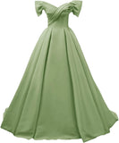 Off Shoulder Satin Prom Dresses for Women V-Neck Elegant A-Line Long Pleated Formal Evening Gown