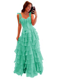 Tiered Prom Dresses with Bow Long A-Line Chiffon Formal Evening Dress for Women Spaghetti Straps Slit Ball Gown