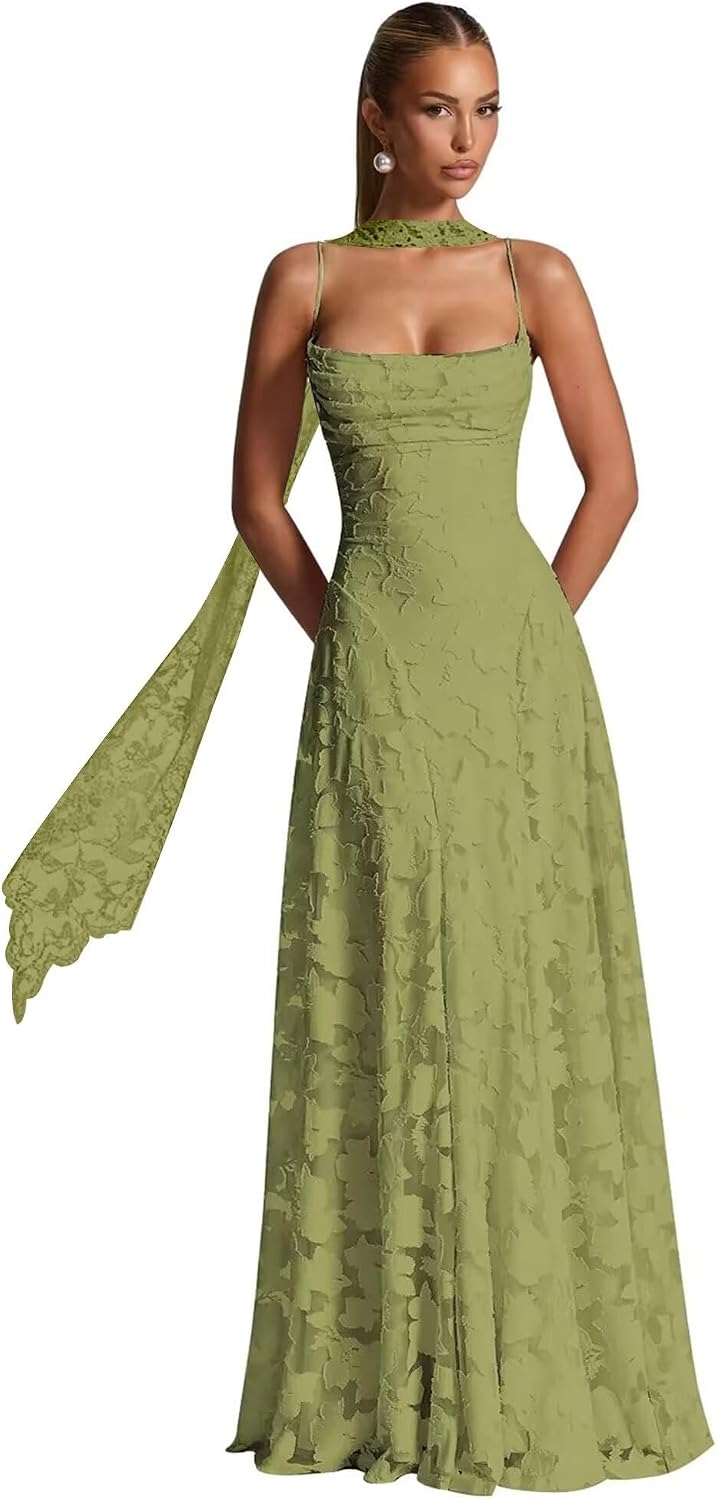Floral Lace Bridesmaid Dresses for Women Long Spaghetti Straps Formal Evening Gowns with Scarf