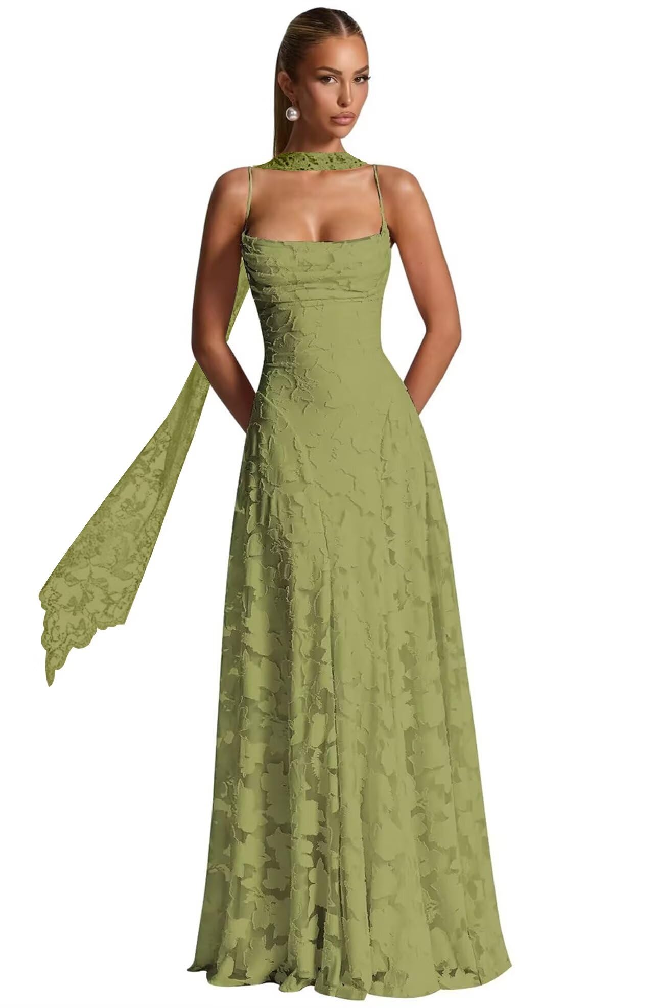 Floral Lace Bridesmaid Dresses for Women Long Spaghetti Straps Formal Evening Gowns with Scarf