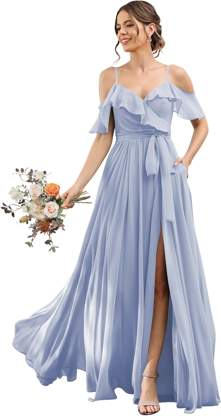Women's Bridesmaid Dresses with Slit Long Cold Shoulder Chiffon Formal Party Dress with Pockets