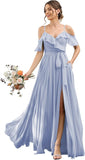 Women's Bridesmaid Dresses with Slit Long Cold Shoulder Chiffon Formal Party Dress with Pockets