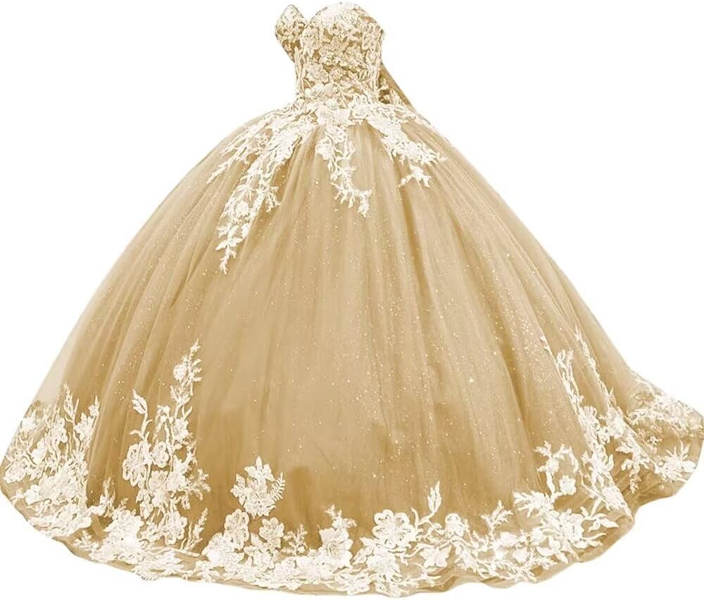 Sparkly Tulle Sweet 15 16 Quinceanera Dress Lace 3D Floral Ball Gown Strapless Puffy Prom Formal Gown