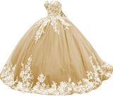 Sparkly Tulle Sweet 15 16 Quinceanera Dress Lace 3D Floral Ball Gown Strapless Puffy Prom Formal Gown