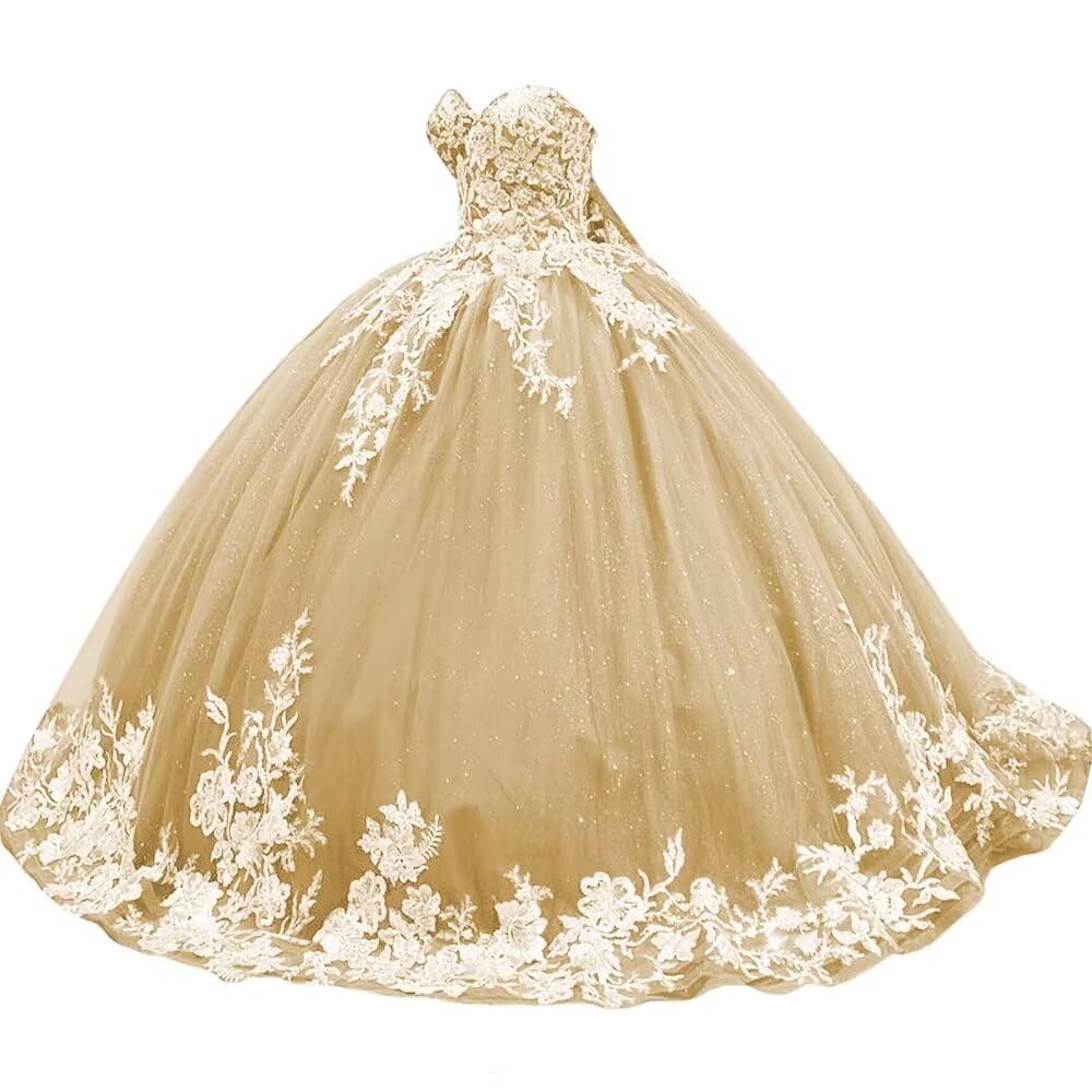 Sparkly Tulle Sweet 15 16 Quinceanera Dress Lace 3D Floral Ball Gown Strapless Puffy Prom Formal Gown