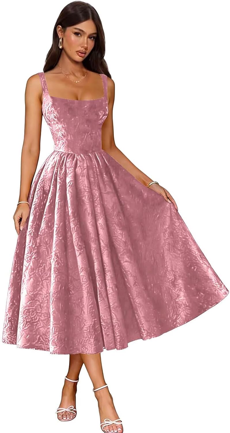 Jacquard Satin Prom Dresses 2026 Floral Square Neck Tea Length Ruched Elegant Formal Ball Gown with Pockets