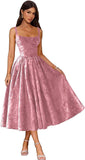 Jacquard Satin Prom Dresses 2026 Floral Square Neck Tea Length Ruched Elegant Formal Ball Gown with Pockets
