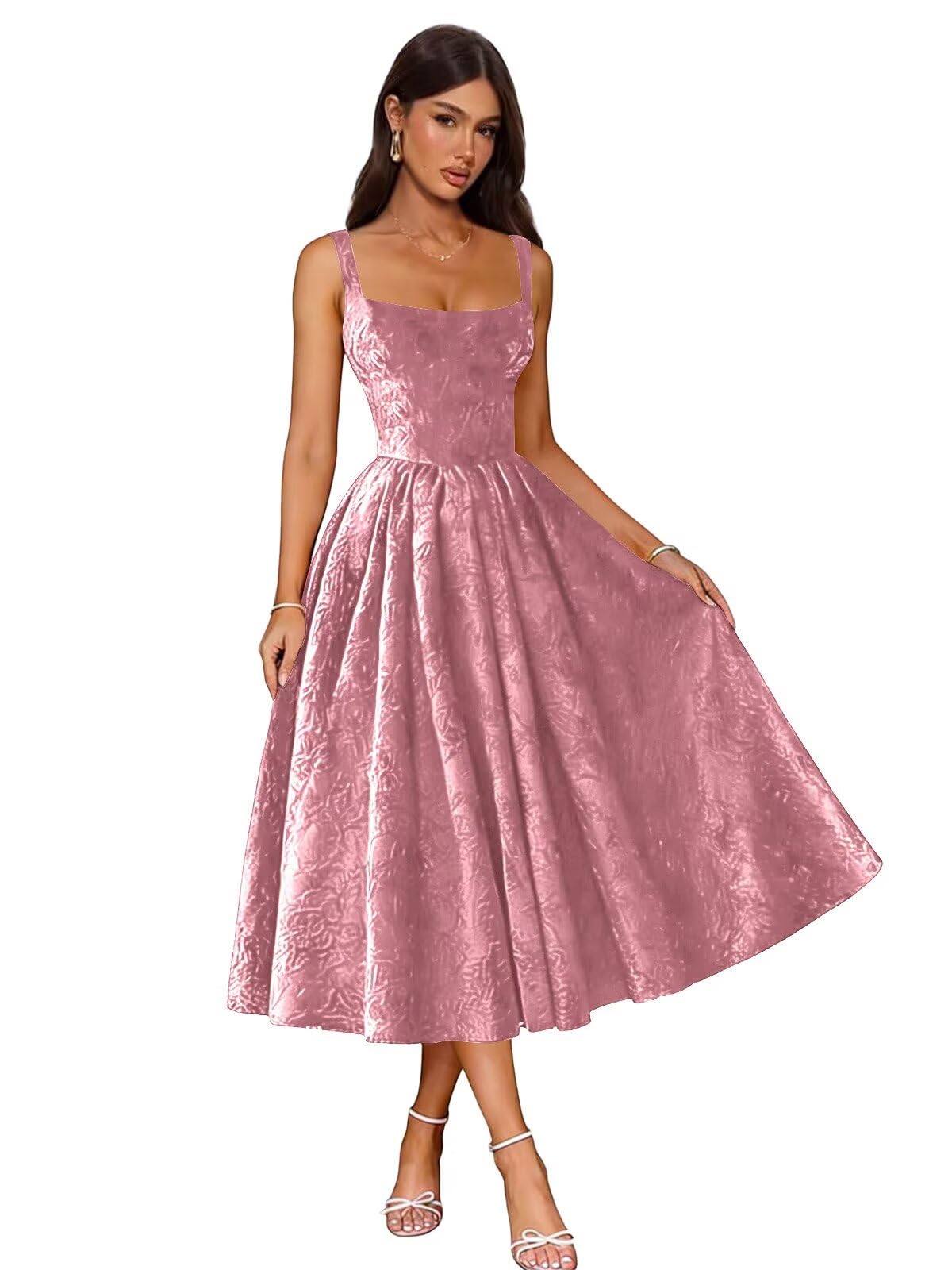 Jacquard Satin Prom Dresses 2026 Floral Square Neck Tea Length Ruched Elegant Formal Ball Gown with Pockets
