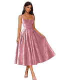 Jacquard Satin Prom Dresses 2026 Floral Square Neck Tea Length Ruched Elegant Formal Ball Gown with Pockets