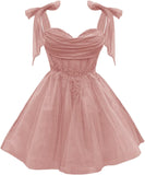 Tulle Short Homecoming Dress for Teens Sparkly Lace DAMA Dresses for Quinceanera Spaghetti Straps Bow Prom Gown