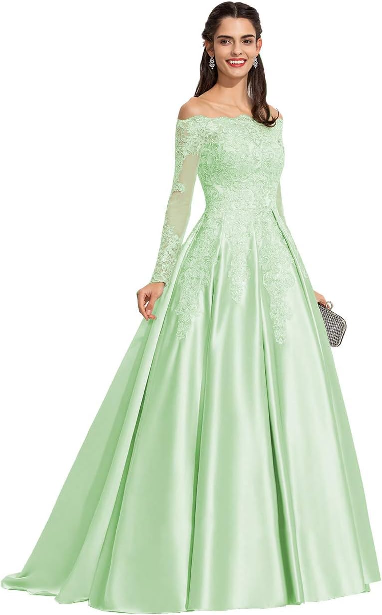 Vestidos de fiesta formales de satén con apliques de encaje y hombros descubiertos para mujer, con mangas largas