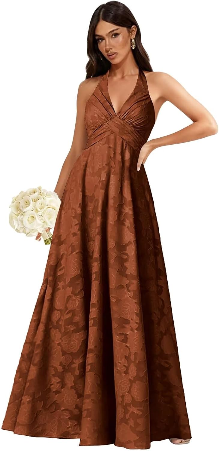 Floral Lace Bridesmaid Dresses for Women Long V Neck A-Line Open Back Halter Formal Evening Gown