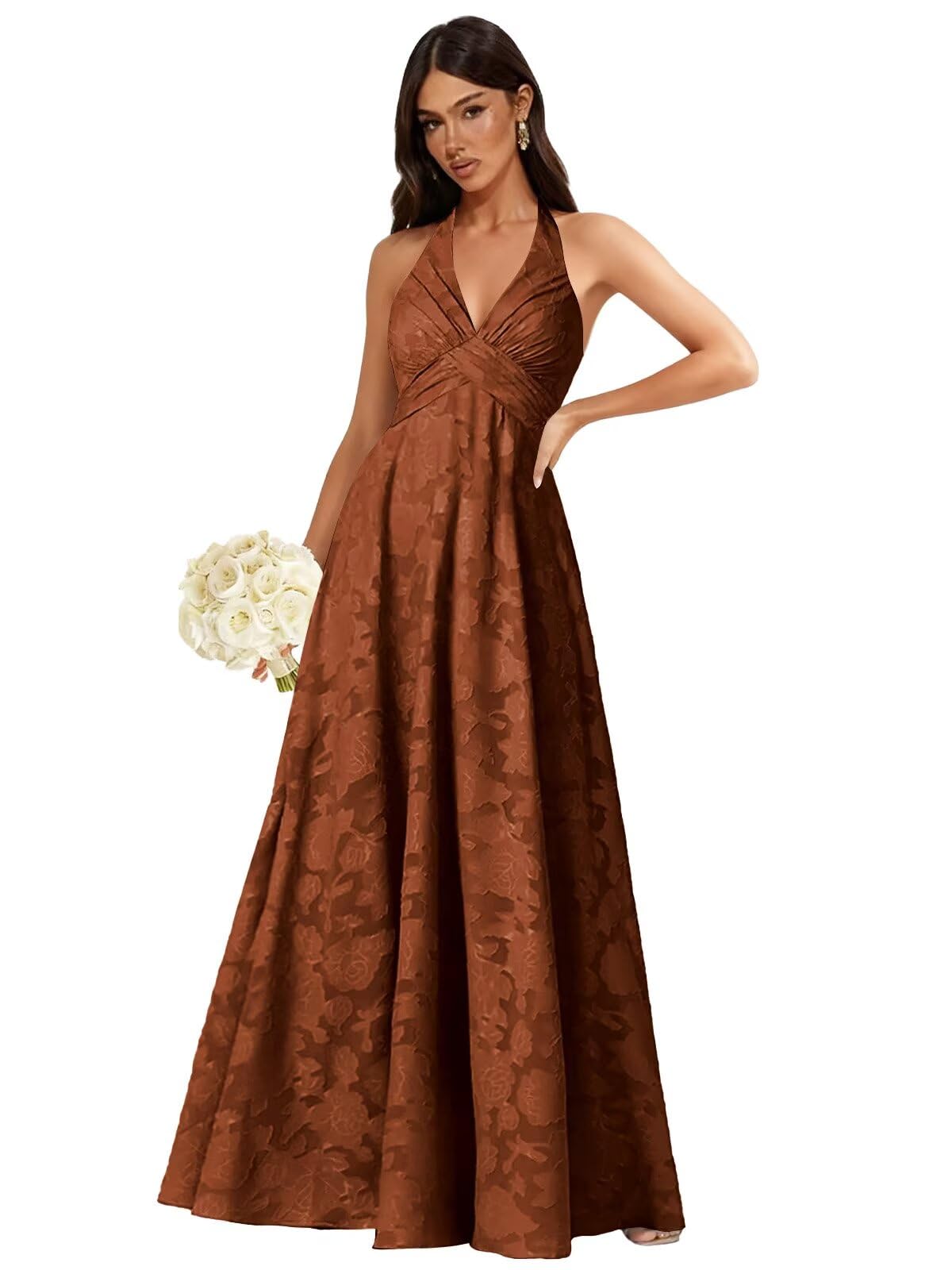Floral Lace Bridesmaid Dresses for Women Long V Neck A-Line Open Back Halter Formal Evening Gown