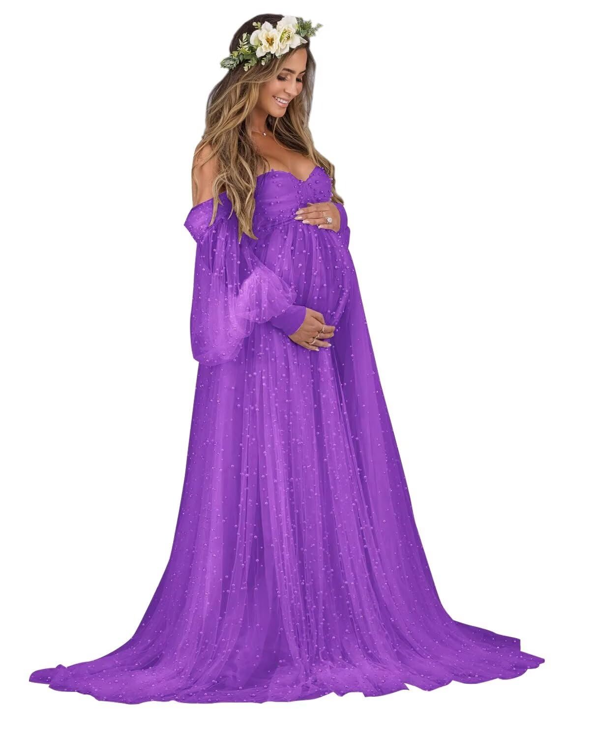 Kingbridal Pearl Tulle Maternity Dress for Photoshoot Long Puffy Sleeve Pregnancy Gown