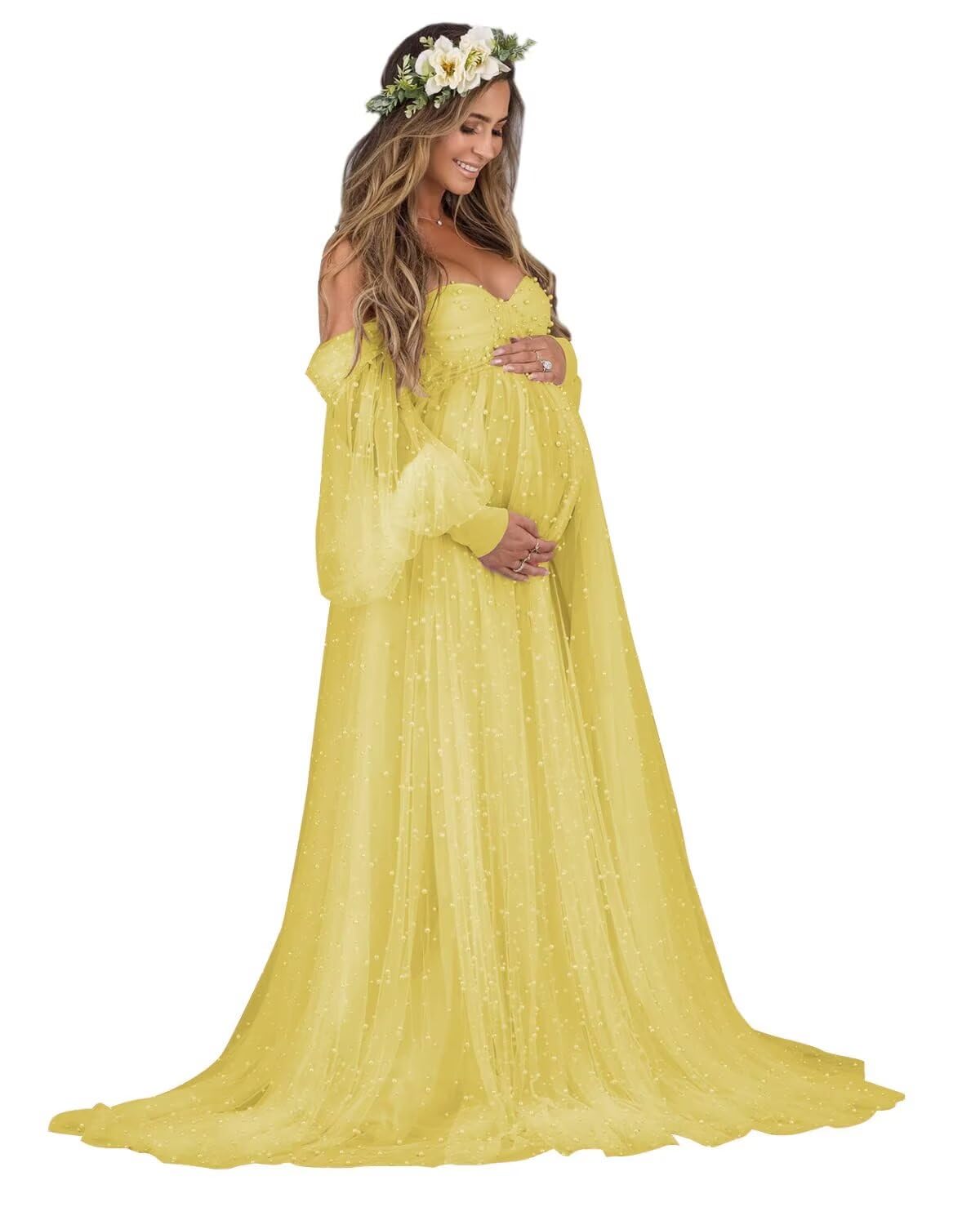 Kingbridal Pearl Tulle Maternity Dress for Photoshoot Long Puffy Sleeve Pregnancy Gown