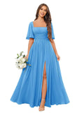 Square Neck Bridesmaid Dresses with Slit Pockets Flutter Sleeve Long Chiffon Formal Wedding Guest Dress